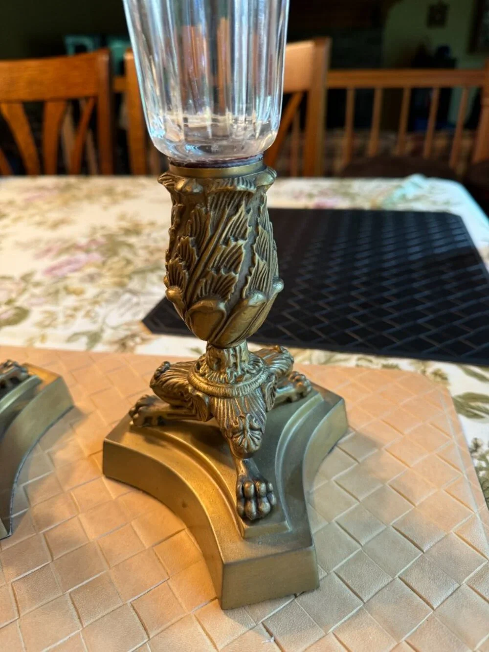 Pair of Metal & Glass Tall Unique Taper Candleholders Beveled Glass 17 1/2